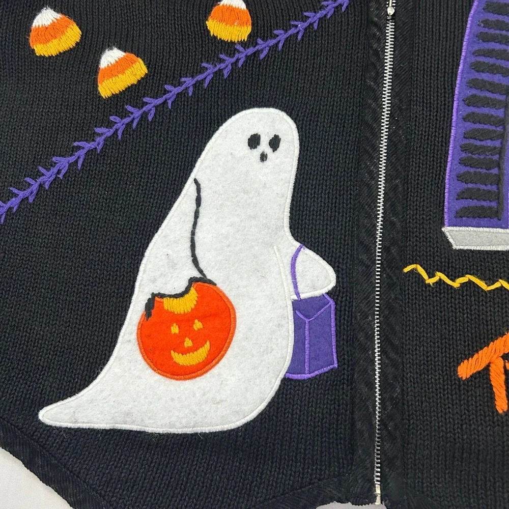Victoria Jones Halloween Sweater Vest Women L Black Zip Up Ghost Pumpkin Bat VTG